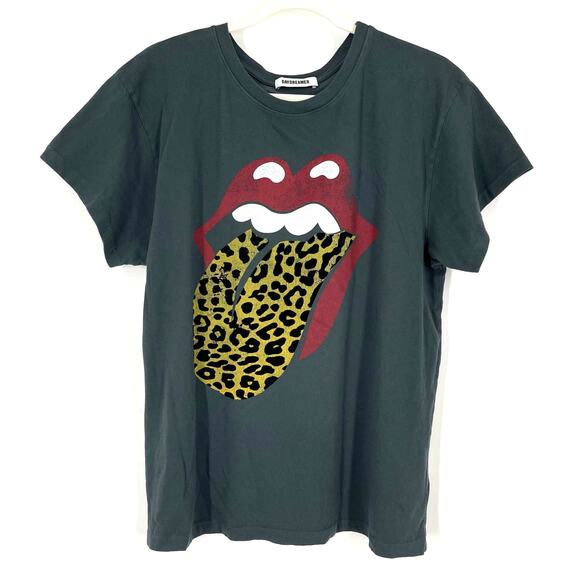 Daydreamer Tops - Daydreamer Rolling Stones Leopard Tongue Tee Black Cotton T-Shirt Large